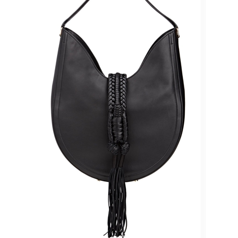 Altuzarra Black Hobo Bag with Braided Detail W/Tassel Ok Front Flap Closure.